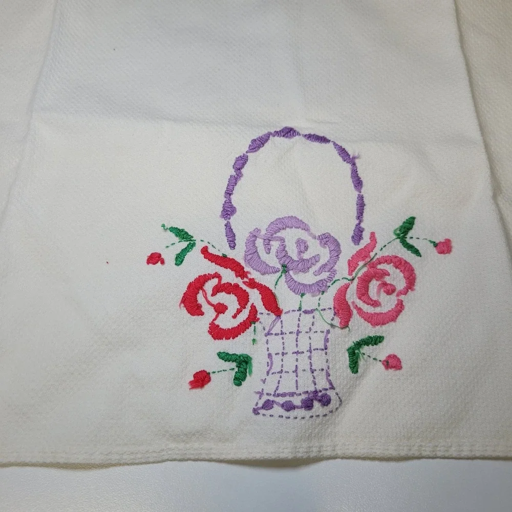 Vintage Hand Embroidered Floral Basket Tea Towel White Cotton Pink Purple